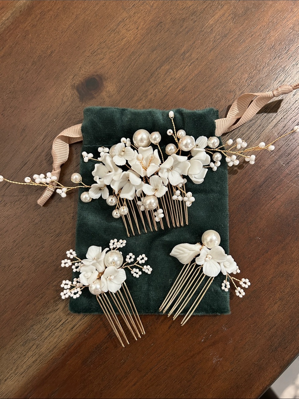 Handmade Pearl & Floral Hair Comb Set in White and Gold